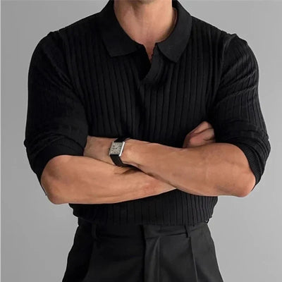 Ribbed Knit Polo - Black
